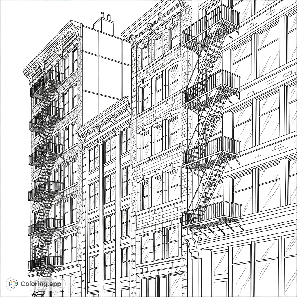 Color a classic urban street with a row of mixed brick and glass buildings. Intricate zig-zagging fire escapes ascend the facades, offering a detailed city scene.