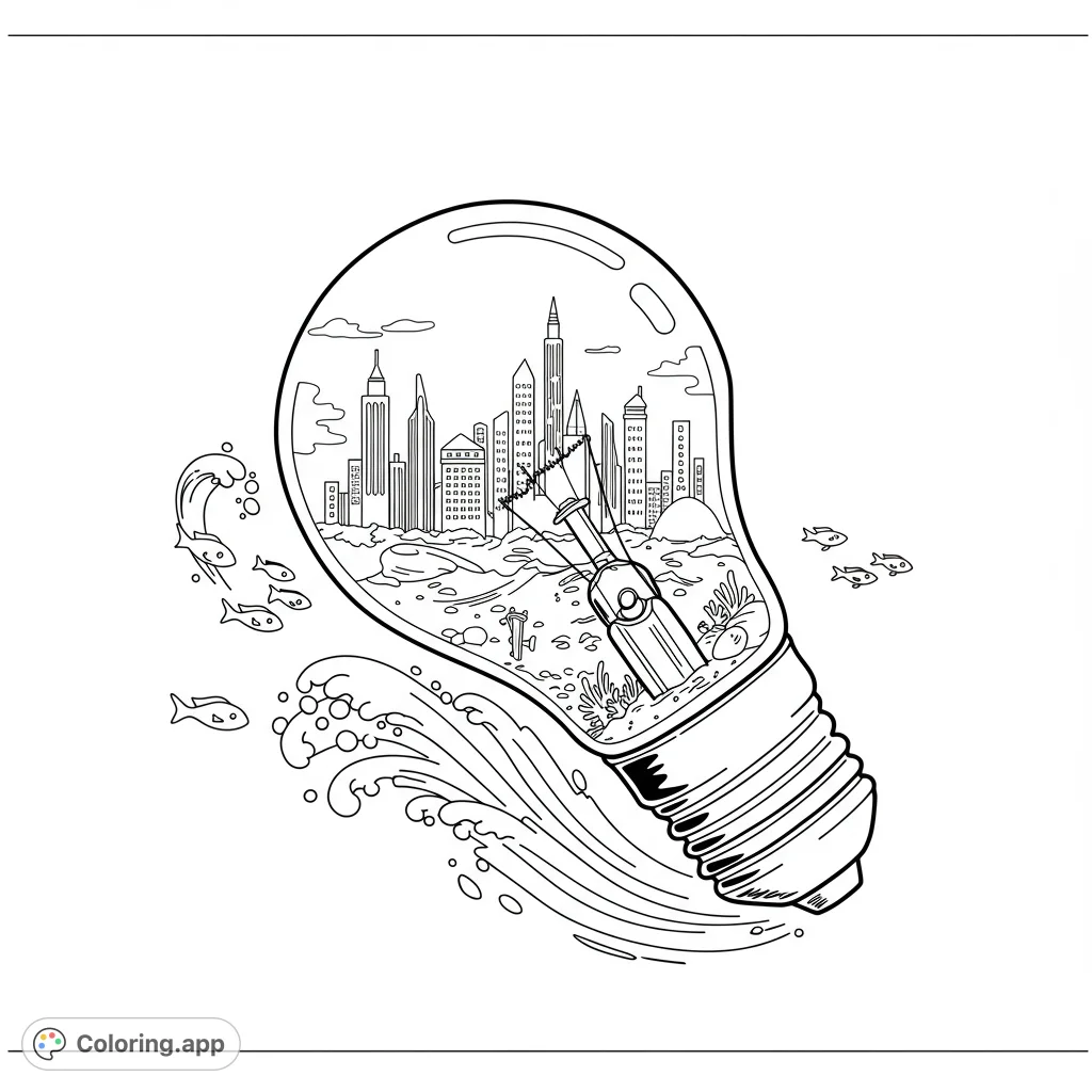 An imaginative eco-friendly cityscape coloring page inside a lightbulb, merging urban and underwater worlds with waves and fish. Free printable.