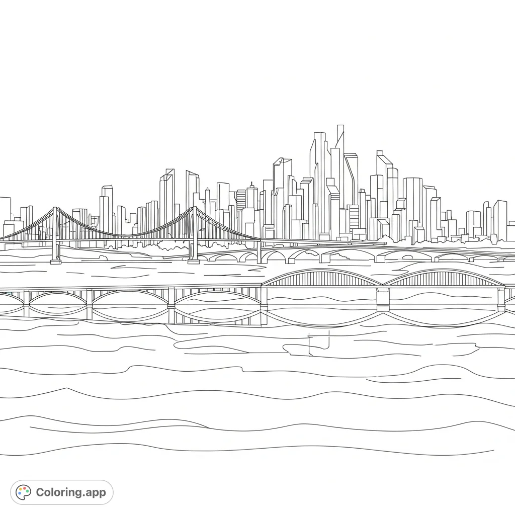 Color a magnificent urban panorama featuring a detailed city skyline with geometric towers, elegant bridges, and tranquil low waves reflecting the distant architecture.