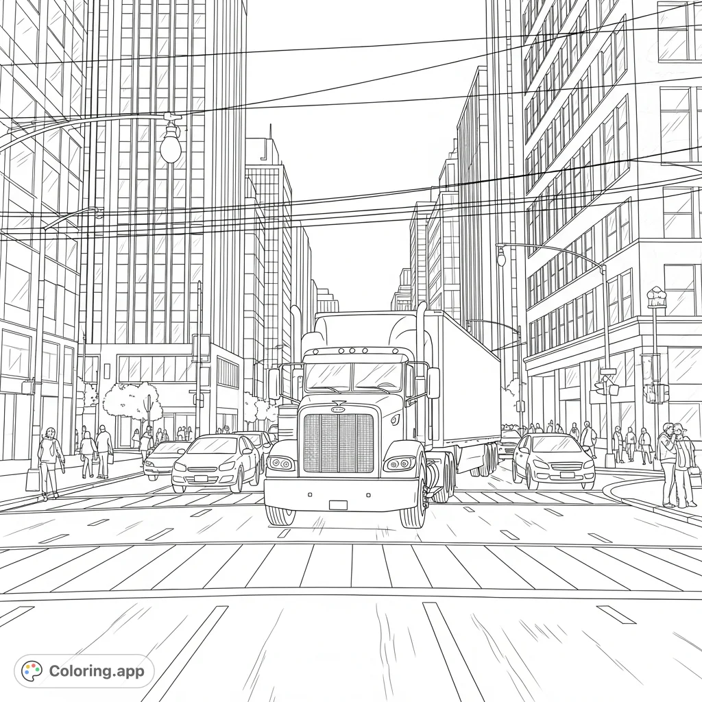 Color a detailed modern Peterbilt truck idling on a busy city street, surrounded by tall buildings, pedestrians, and other vehicles.