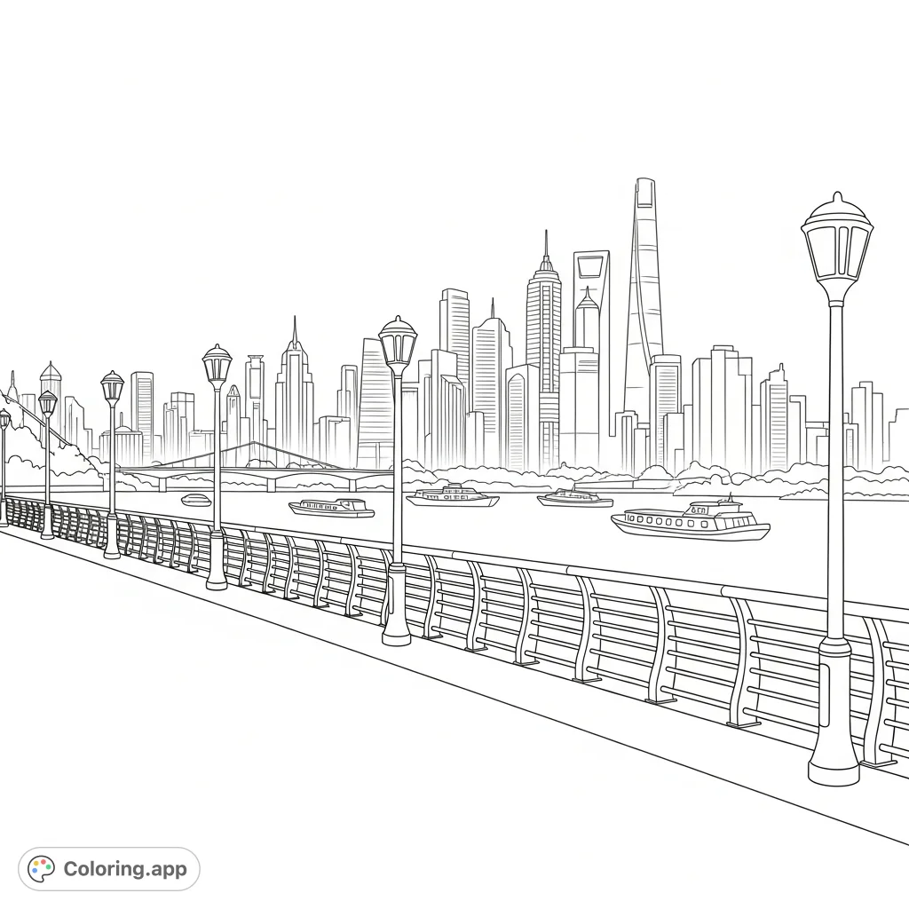A captivating coloring page featuring a detailed riverfront promenade, elegant light posts, and a dynamic city skyline with subtly outlined boats.
