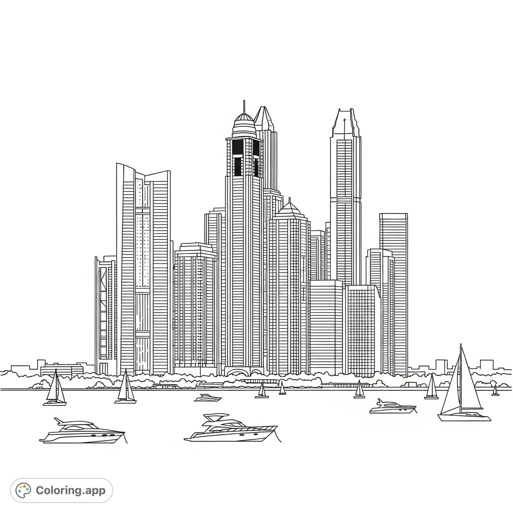 A grand cityscape featuring towering structures behind a serene bay with small boats. Perfect for exploring urban landscapes and tranquil waterscapes.