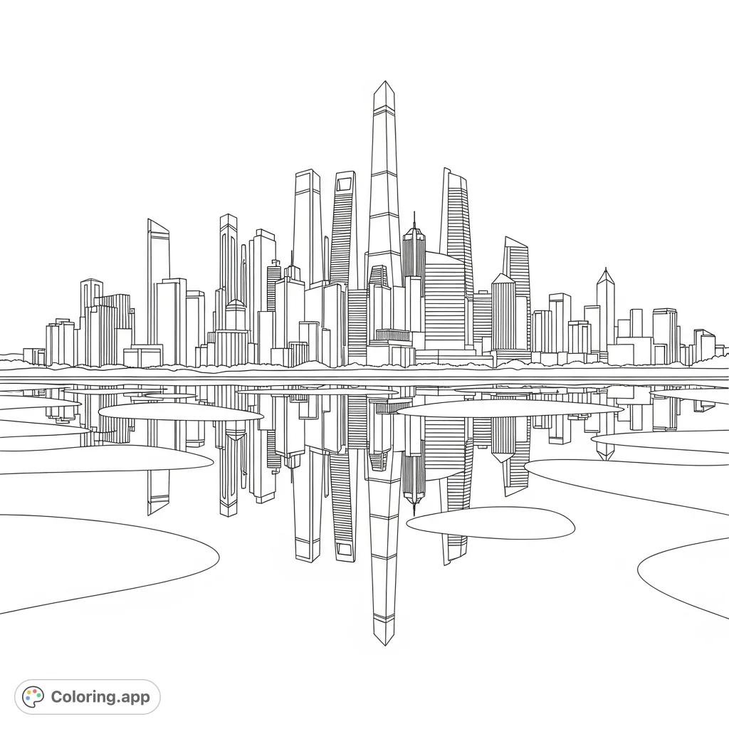 Color a striking cityscape silhouette with towering buildings reflecting in a calm river. Focus on gradients for sky and water to bring this urban scene to life.