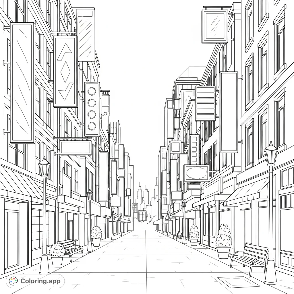 A detailed coloring page featuring a vibrant urban street lined with multi-story buildings and numerous unique vertical signboards. Explore city details.