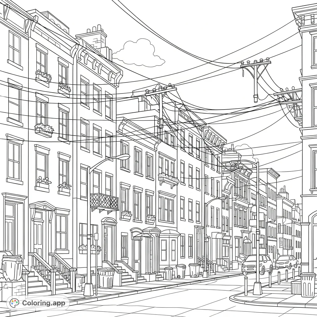 An intricate city street scene featuring tall, tightly stacked homes, narrow sidewalks, and a detailed network of overhead utility lines.