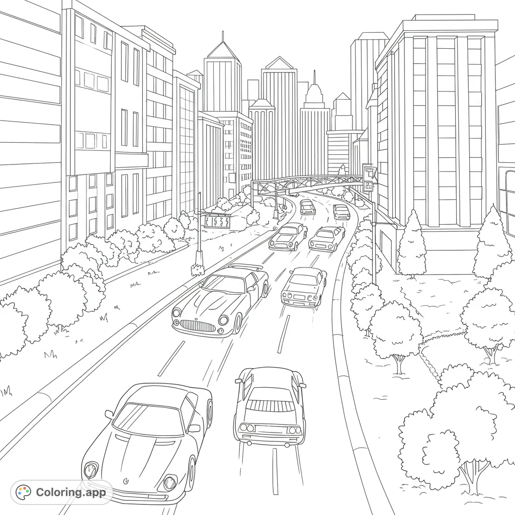 Dynamic city street coloring page featuring classic cars, towering skyscrapers, and lush urban greenery. Perfect for car enthusiasts and city explorers.