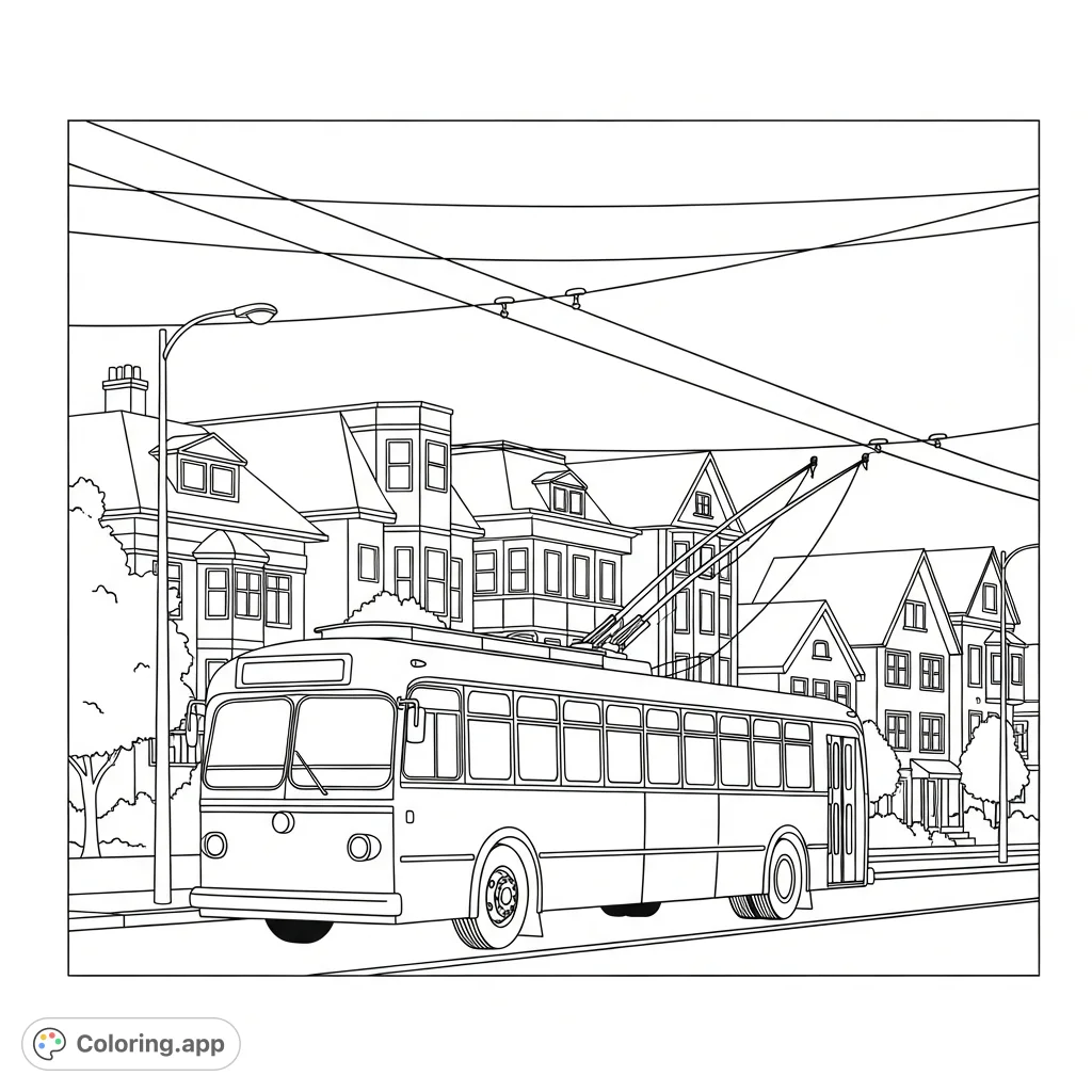 Embark on an urban adventure with this trolley-bus coloring page, featuring a detailed vehicle, overhead lines, and charming city houses.