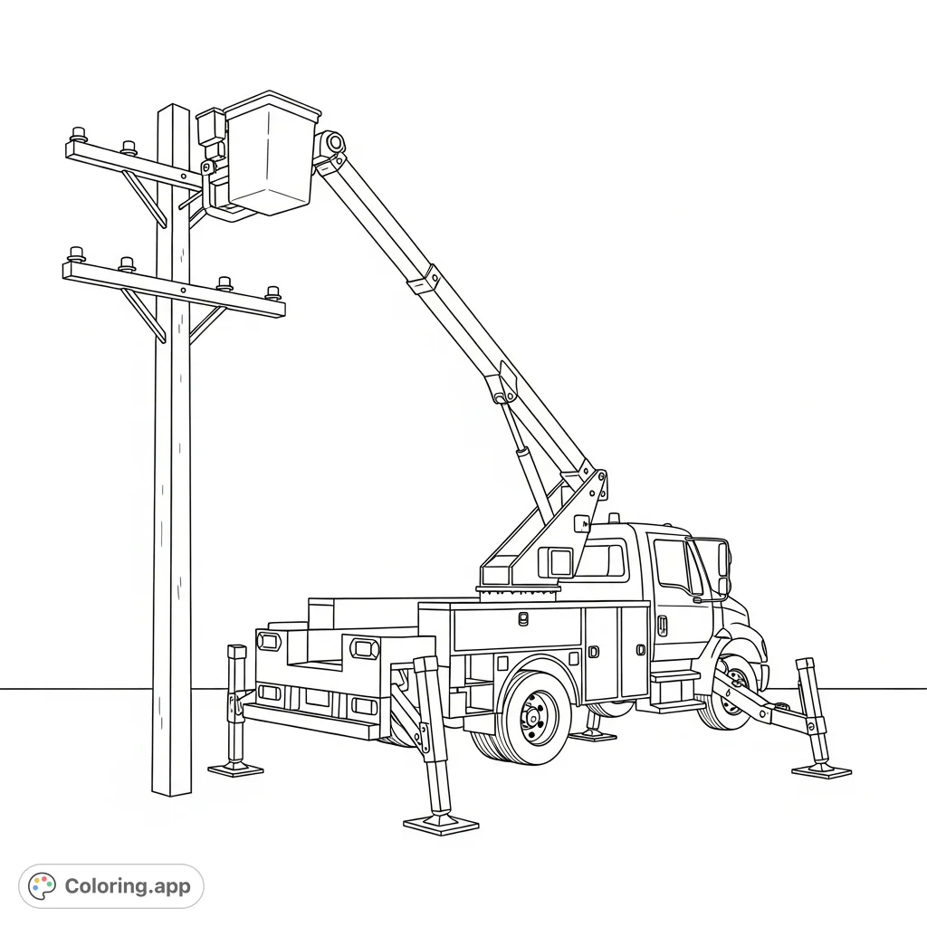 A detailed coloring page featuring a utility bucket truck with its boom extended and stabilizers down near a simplified utility pole, ready for action.