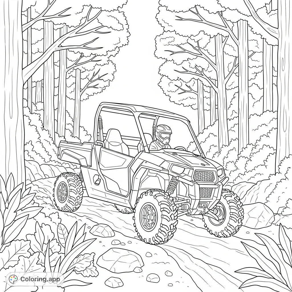 An exciting UTV coloring page featuring a rugged side-by-side vehicle navigating a forest trail, perfect for off-road enthusiasts and nature lovers.