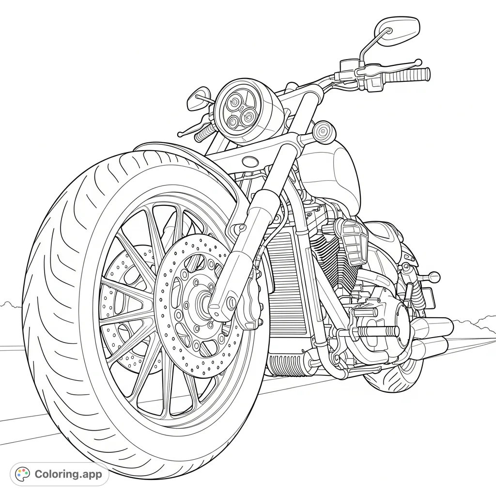 Color a powerful V-twin cruiser from a low front angle, highlighting its detailed wheel, fork, and engine. Perfect for motorcycle enthusiasts.