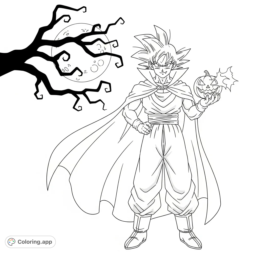 Goku as a vampire, holding a glowing jack-o'-lantern under a full moon. A spooky and fun Halloween coloring page for fans of all ages.