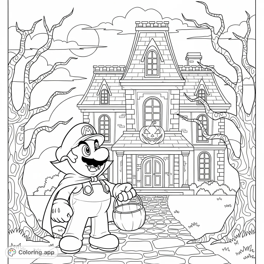 Join Mario, dressed as a vampire, on a spooky Halloween night. He stands before a grand mansion, holding a pumpkin bucket, under a full moon.