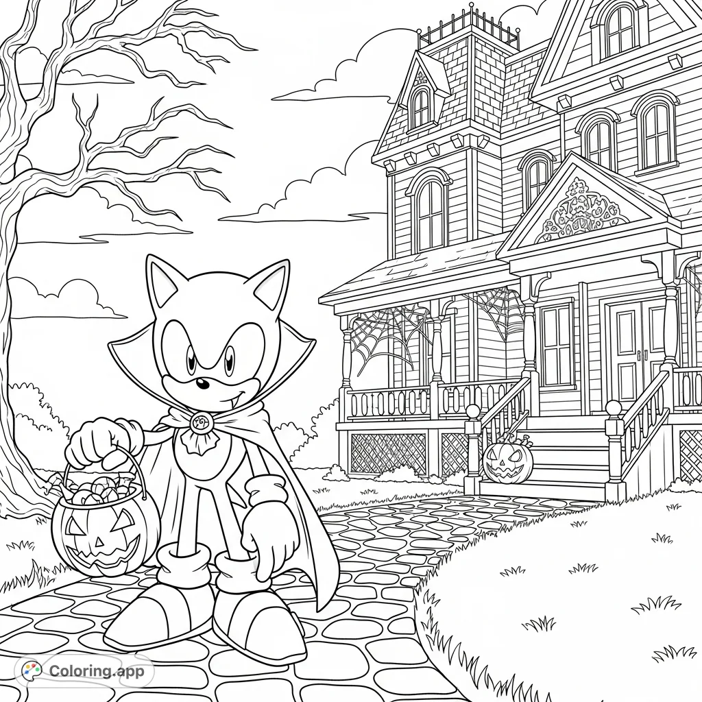Join Sonic the Hedgehog, dressed as a vampire, on a spooky Halloween night. He's ready for trick-or-treating in front of a haunted Victorian house.