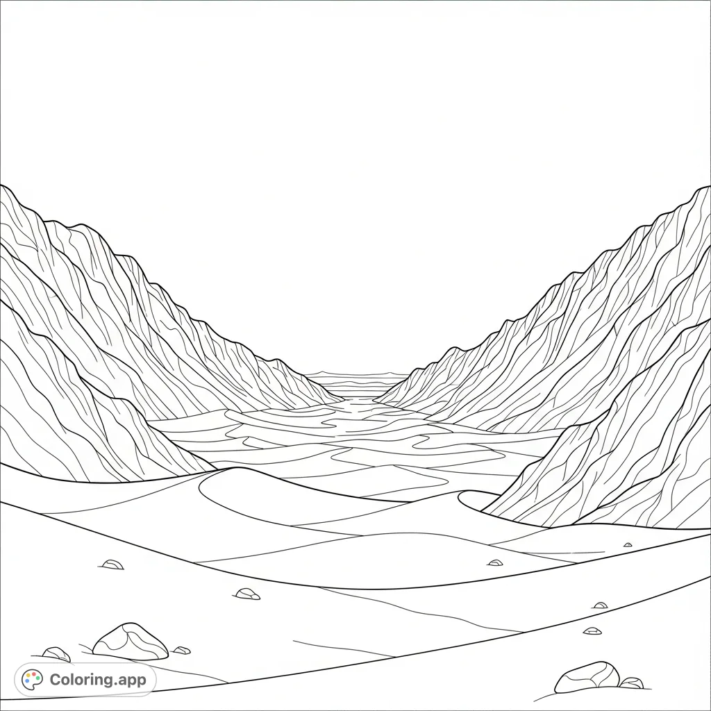 An expansive coloring page featuring a sandy desert valley flanked by rugged ridgelines under a wide, open sky. Perfect for all ages seeking tranquility.