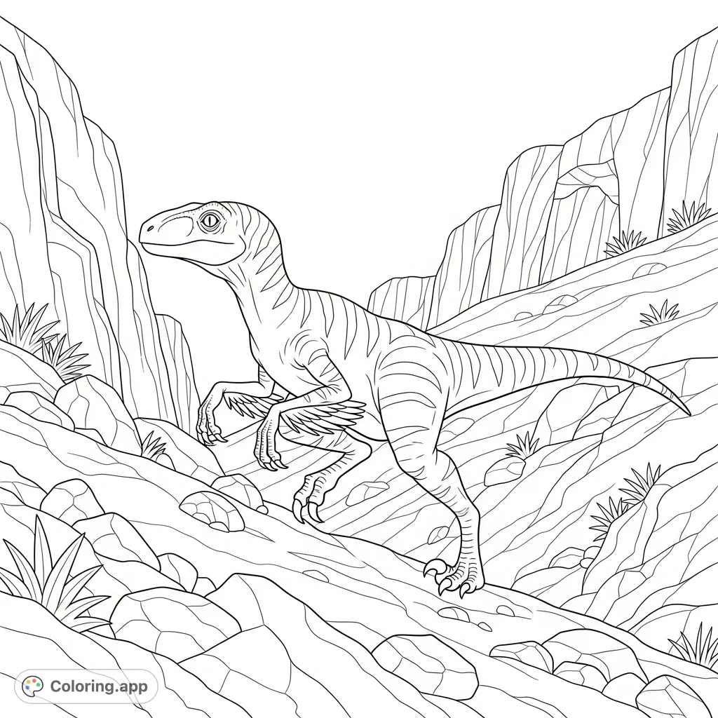 A dynamic velociraptor coloring page featuring a feathered dinosaur exploring a rugged, rocky slope. Perfect for fans of prehistoric creatures.