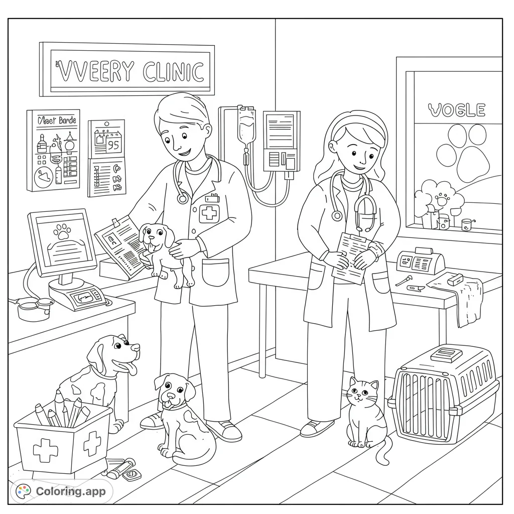A bustling veterinary clinic scene with caring vets, playful puppies, and a curious cat, ready for vibrant colors. A free printable animal care coloring page.