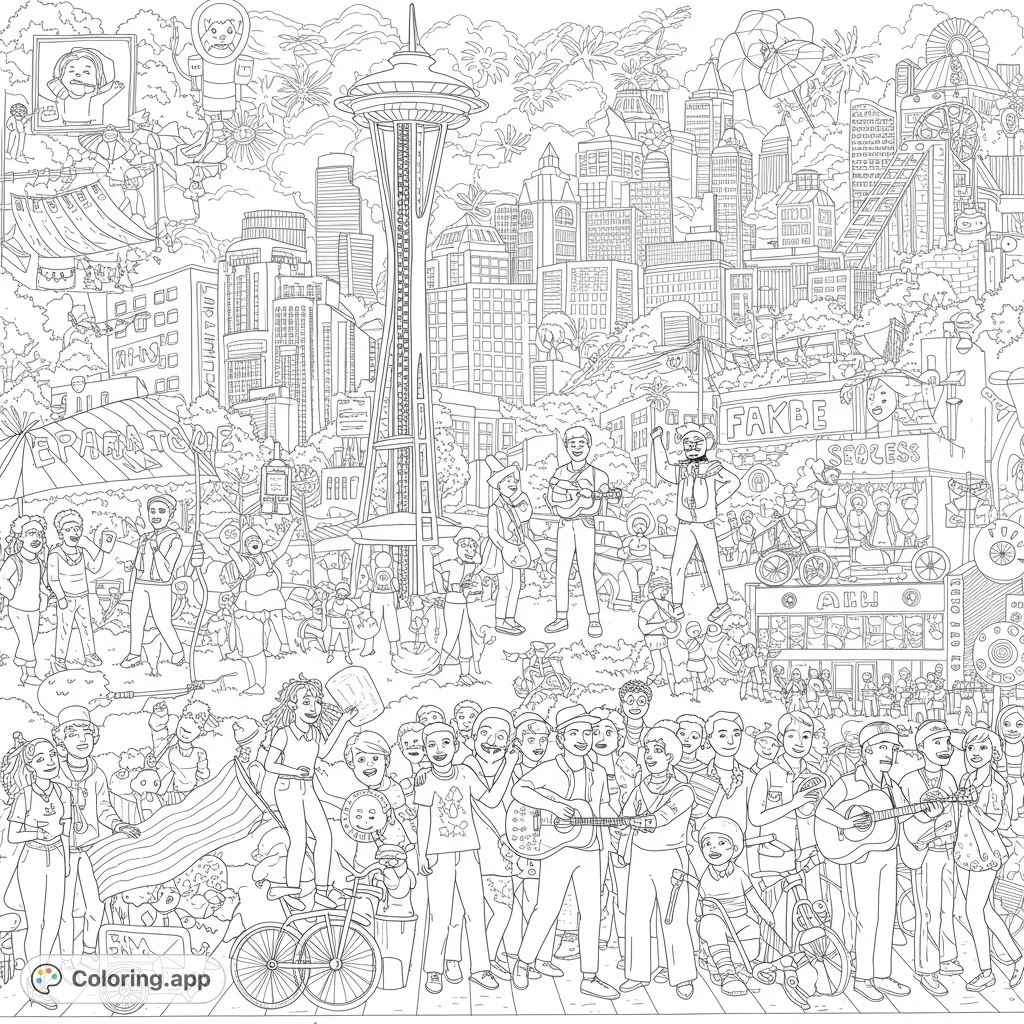 Immerse yourself in a detailed city festival coloring page featuring a lively crowd, musicians, and iconic urban landmarks like the Space Needle.