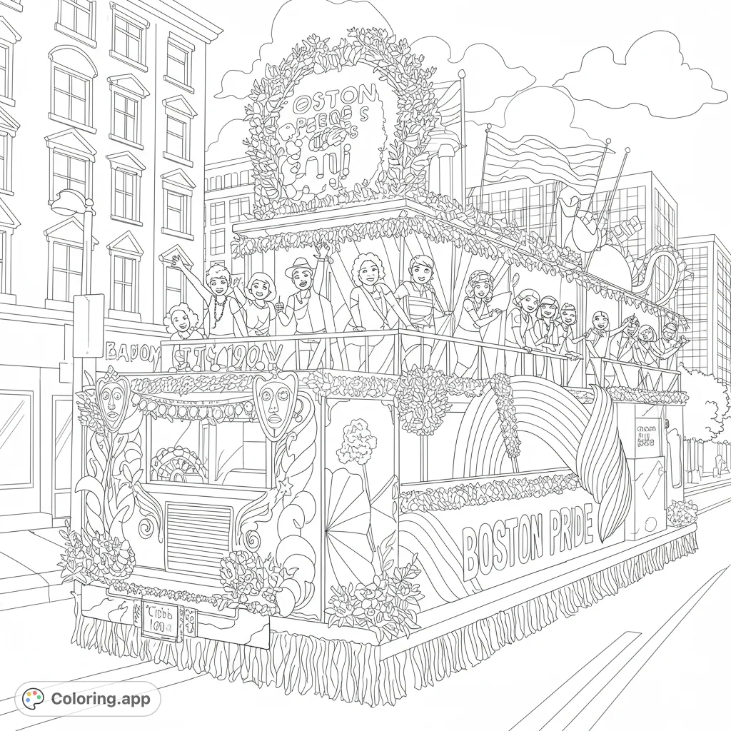 Celebrate community with this detailed Pride parade coloring page! Features a festive float, diverse people, and city backdrop.