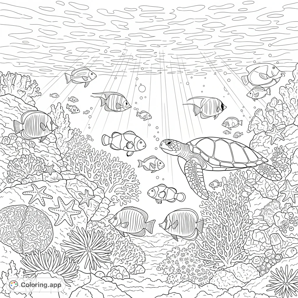 Dive into a bustling coral reef! Explore intricate corals, graceful fish, and a serene sea turtle in this detailed underwater world.