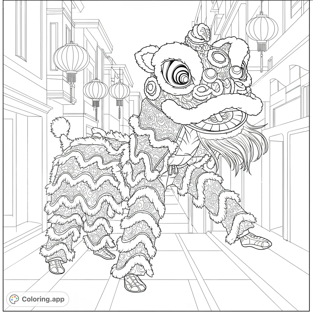 Experience the energy of a Chinese lion dance! This free printable coloring page features an intricately patterned lion costume amidst traditional lanterns.