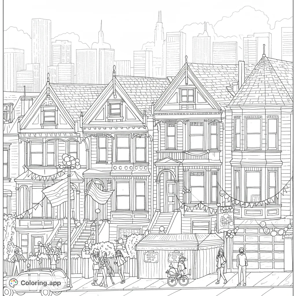 A vibrant city street with detailed Victorian houses, bustling people, and a distant skyline, perfect for a lively urban coloring adventure.