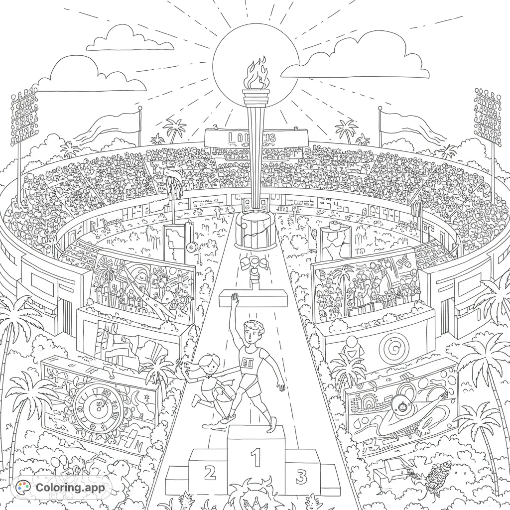 Celebrate victory with this sports stadium coloring page! Features triumphant athletes on a podium, a grand stadium, and an Olympic torch under a radiant sun.