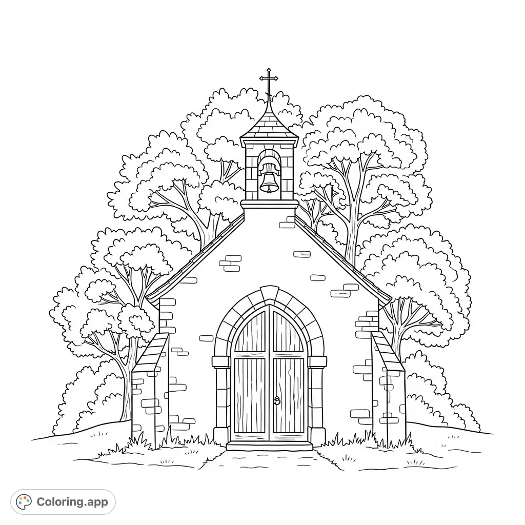 A charming village chapel with an arched doorway and a tall bell tower, nestled peacefully among lush trees, offering a serene escape for coloring.