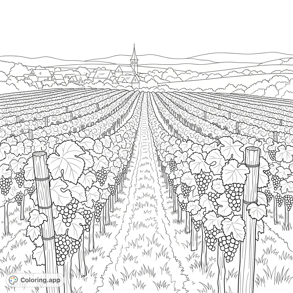 A serene vineyard scene featuring orderly rows of grapevines, individual grape bunches, and a winding path leading to a charming village on the horizon.