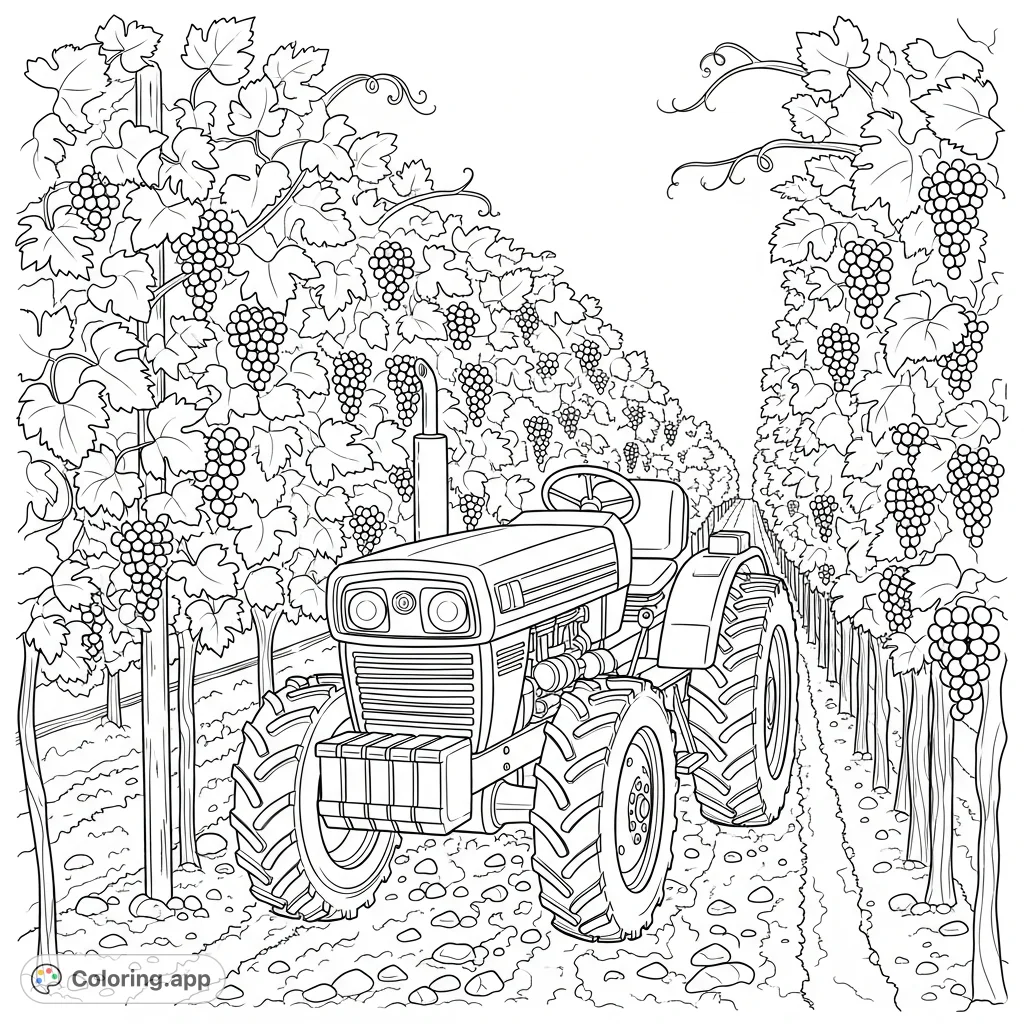 Detailed coloring page featuring a narrow vineyard tractor navigating between lush, tall rows of grapevines, abundant with leaves and fruit, stretching into the distance.