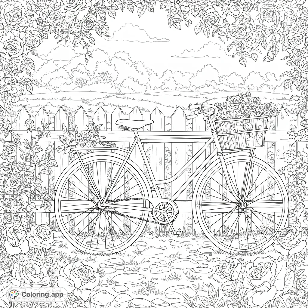 Charming vintage bicycle in a lush rose garden, basket overflowing with blooms. A delightful garden coloring page, free printable for all ages.