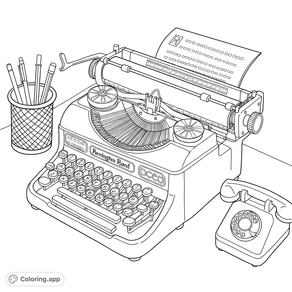 Step back in time with this vintage desk setup coloring page, featuring a classic typewriter, rotary phone, and pencil holder.