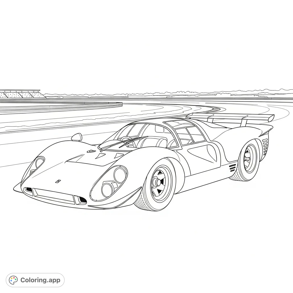 A thrilling vintage endurance racer with simplified curves speeds around a classic racetrack, offering a nostalgic high-speed scene to color and personalize.