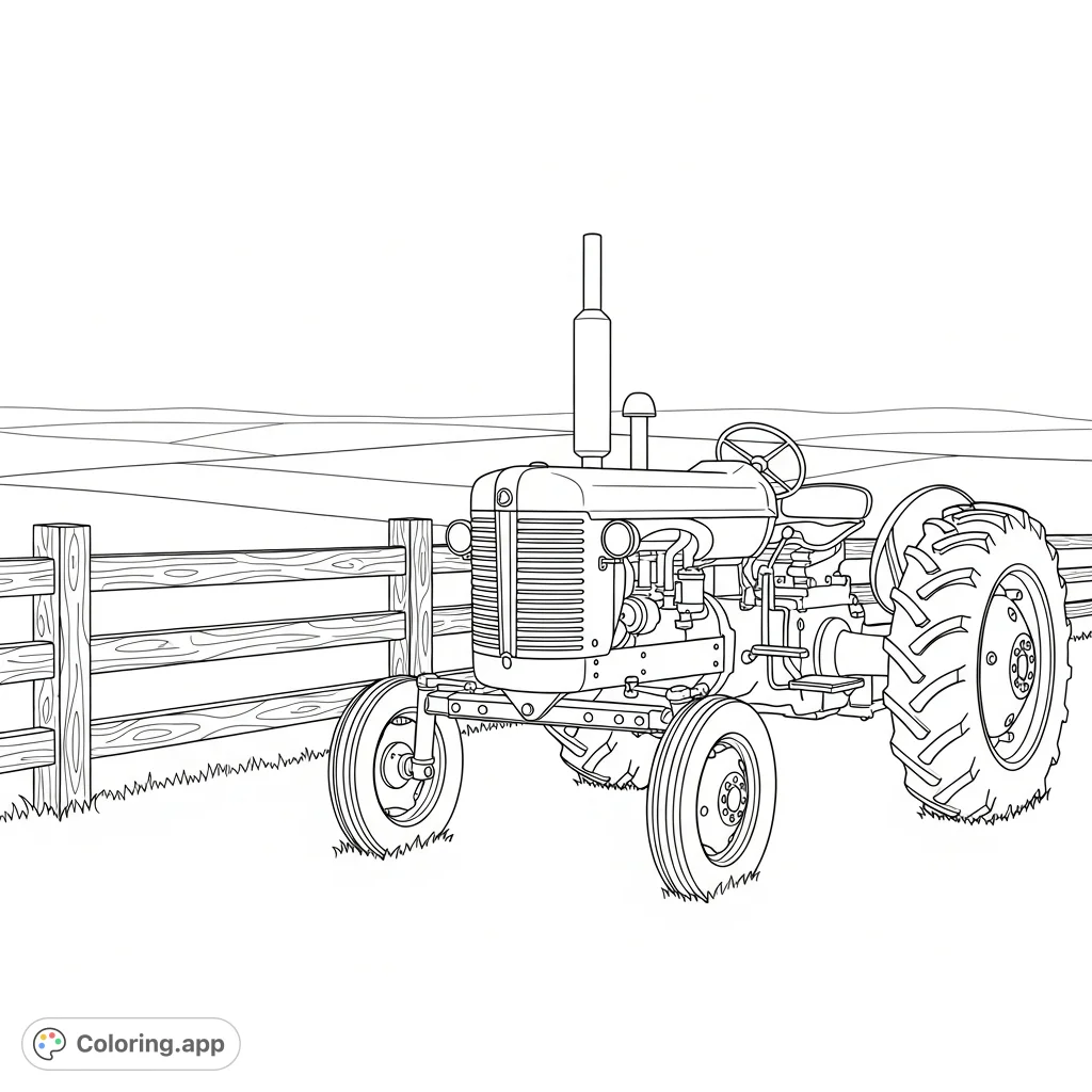 Color a classic vintage diesel tractor parked by a rustic wooden fence with a vast, open field in the background. Perfect for farm enthusiasts.