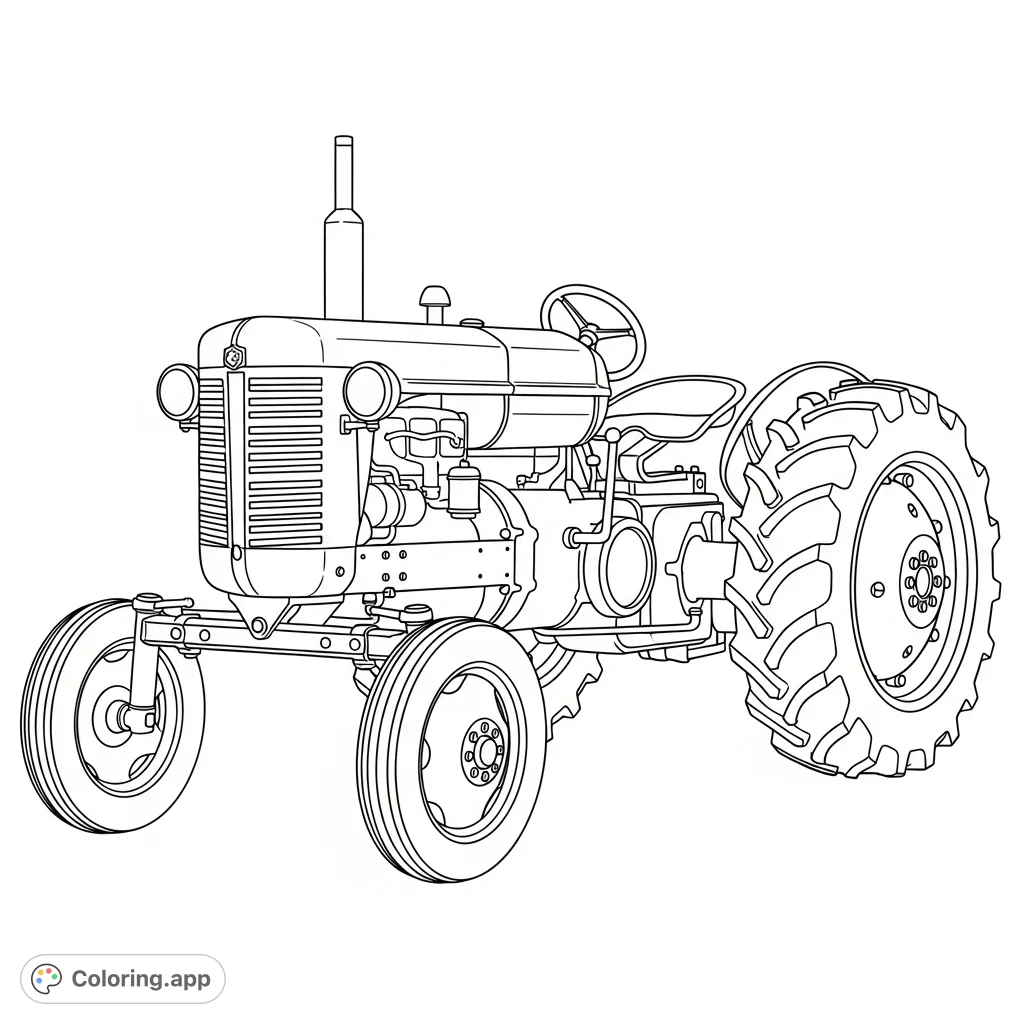 Detailed 1940s-style farm tractor in a classic side profile, showcasing its distinct features and vintage charm, ready for your creative coloring touch.