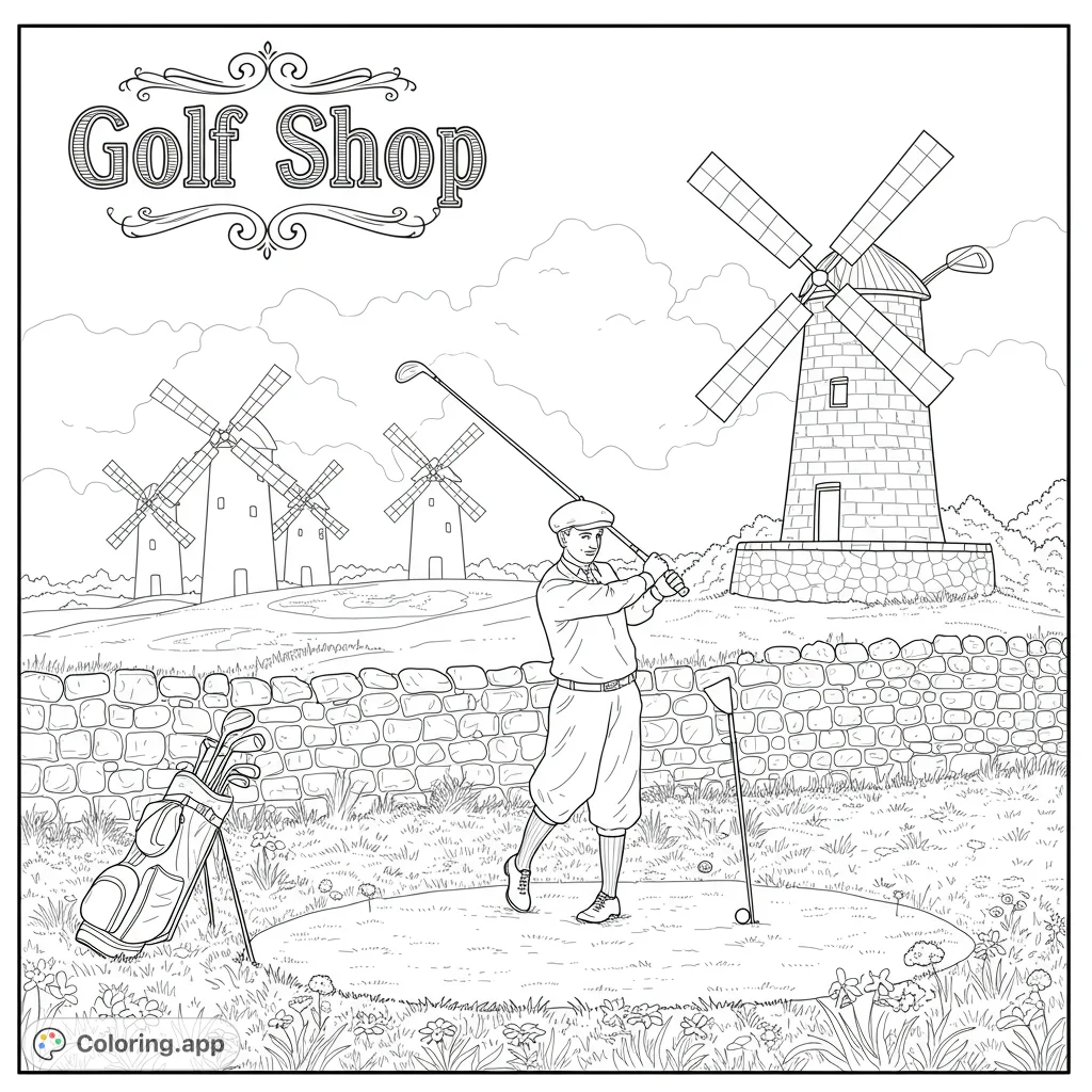 A classic golf scene featuring a golfer mid-swing, a golf bag, and a putting green, set against a picturesque landscape with windmills and a stone wall.