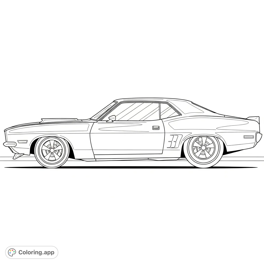 Color a powerful vintage muscle car from a side profile, showcasing its aggressive lowered stance, wide rear tires, and sleek body with simplified reflections.