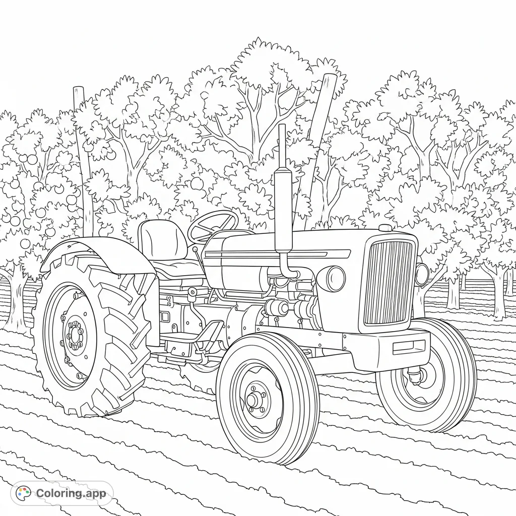 A detailed coloring page featuring a classic orchard tractor with low-profile fenders, driving through orderly rows of fruit trees in a rural setting.