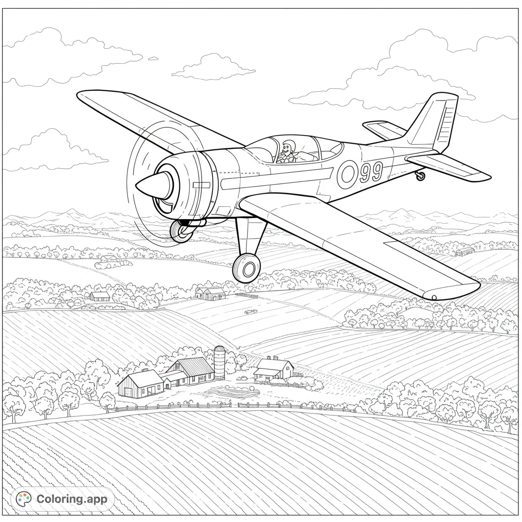 Soar above picturesque farmlands with this vintage propeller plane coloring page. A free printable adventure for all ages, perfect for aviation enthusiasts!