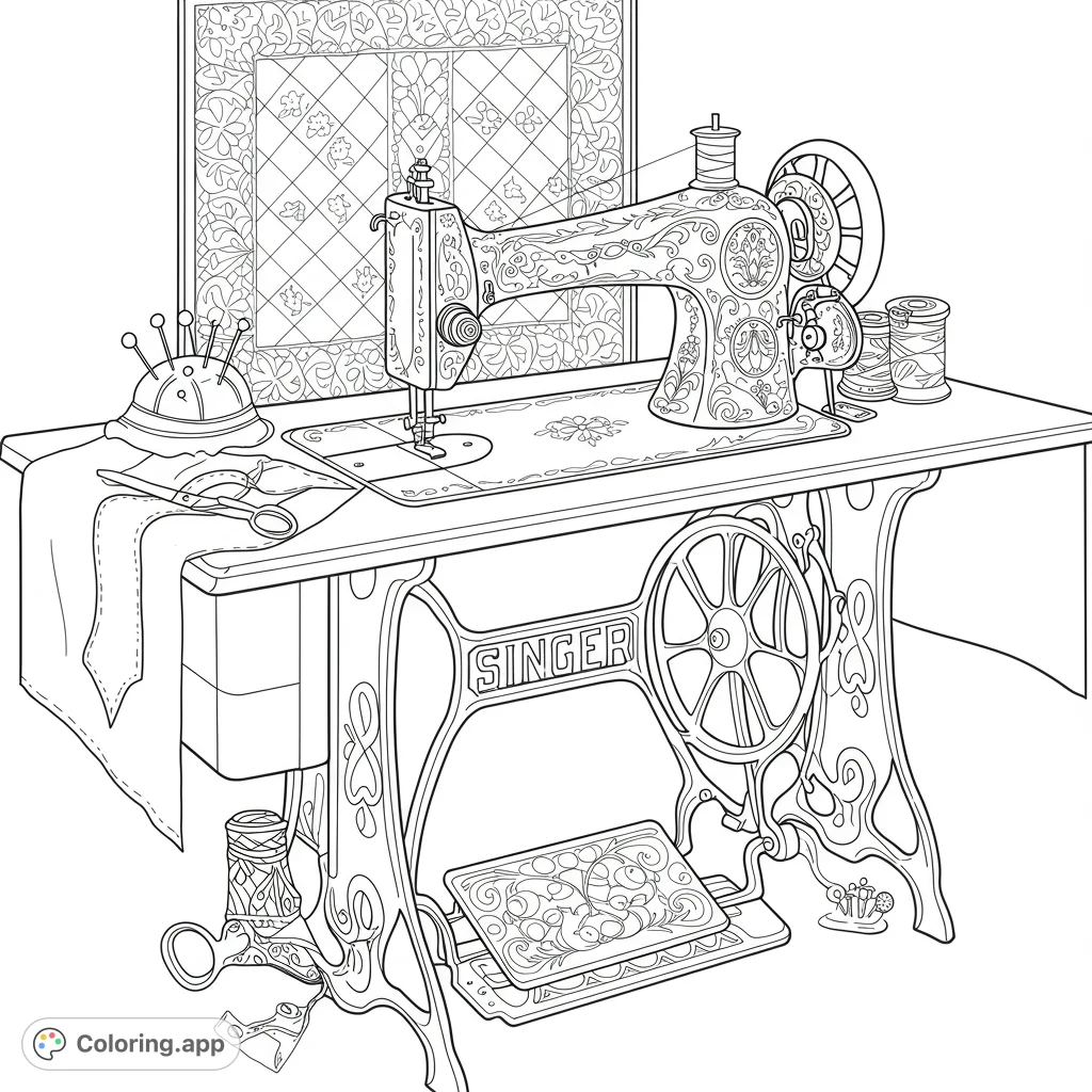 Step back in time with this intricate vintage sewing machine coloring page. Features ornate details, sewing tools, and a patterned quilt.