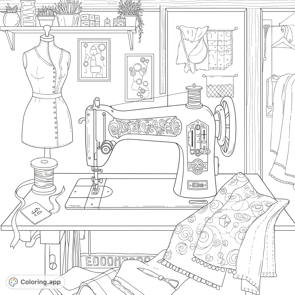 Step into a charming vintage sewing room, featuring a classic sewing machine, dressmaker's mannequin, and draped fabrics. A delightful crafting scene.