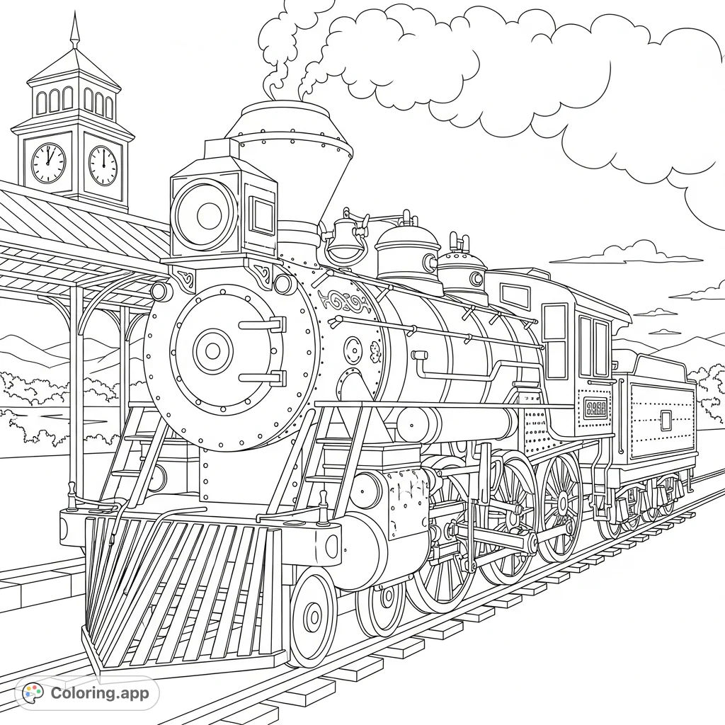 A detailed coloring page featuring a grand vintage steam locomotive with elaborate scrollwork, a large headlight, and spoked wheels, set against a classic station.