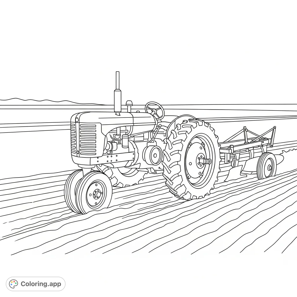 A classic vintage tractor pulls a simple plow, carving bold furrows across an expansive field. An iconic scene for farm life enthusiasts.