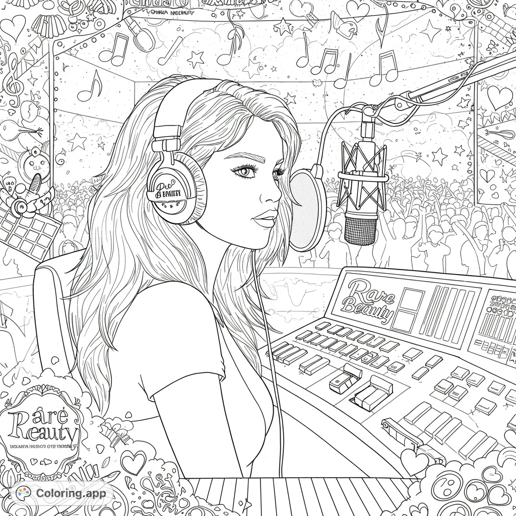 Detailed music studio coloring page featuring a vocalist with headphones at a mixing console, surrounded by musical notes and a cheering crowd. Perfect for music lovers.