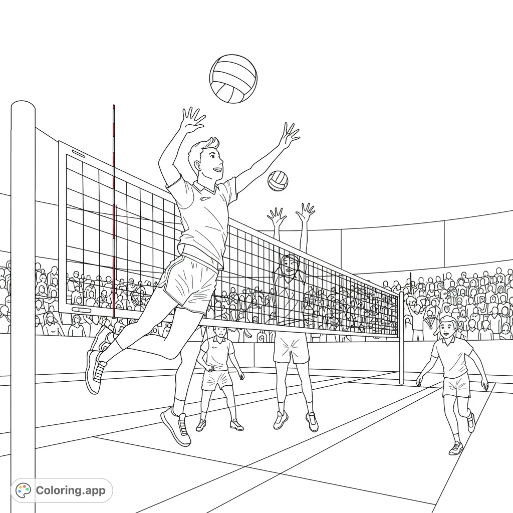 Dynamic volleyball action coloring page featuring a player mid-spike over the net, surrounded by teammates and a cheering crowd. Free printable.