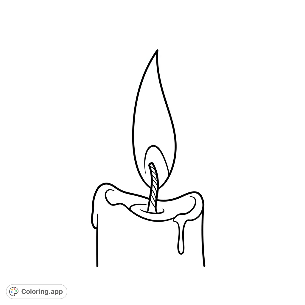 A simple yet elegant burning candle coloring page, perfect for relaxation. Features a melting wax design and a bright flame, ready for your creative touch.