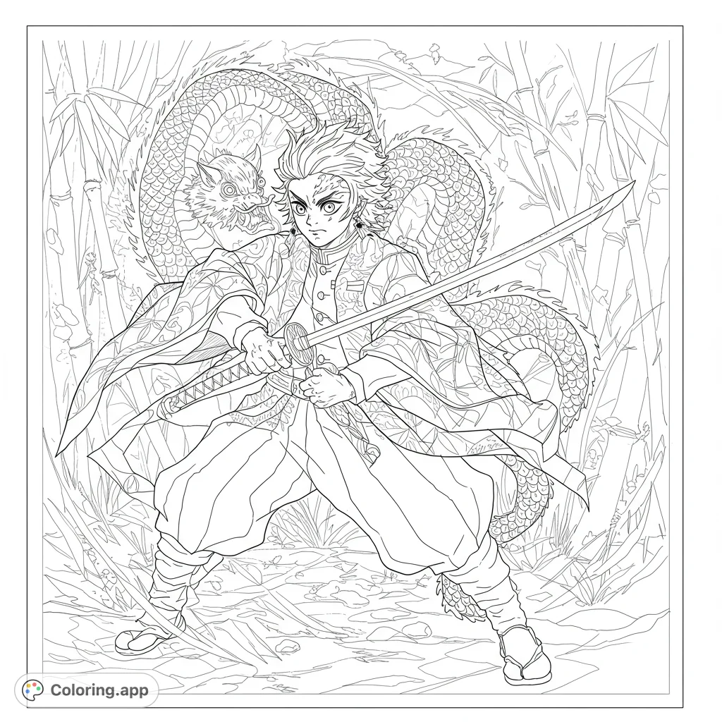 An intense warrior with a katana and a majestic dragon in a bamboo forest. A detailed anime-style free printable coloring page for all ages.