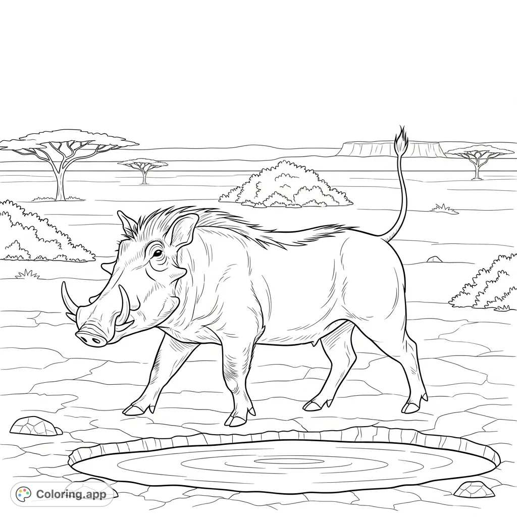 A detailed warthog trots beside a small watering hole, complete with its iconic tusks and bristly mane, set against a savanna backdrop with sparse vegetation.