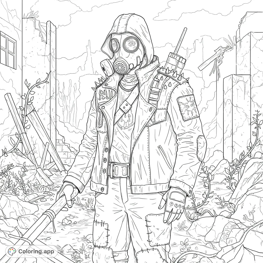 A detailed post-apocalyptic survivor in a gas mask and spiked jacket stands amidst ruined buildings and overgrown rubble, ready for adventure.