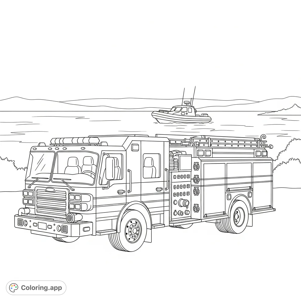 Color a detailed water rescue truck parked by a serene lake, with a rescue boat silhouette in the background. Perfect for vehicle enthusiasts!
