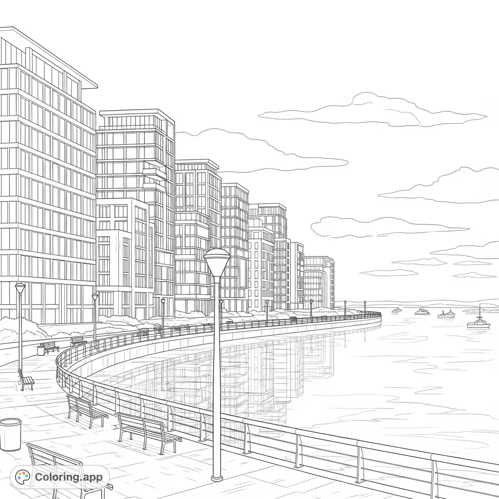 A scenic coloring page featuring a curved waterfront promenade, modern mid-rise buildings, and reflections on the water's surface. Perfect for urban architecture fans.